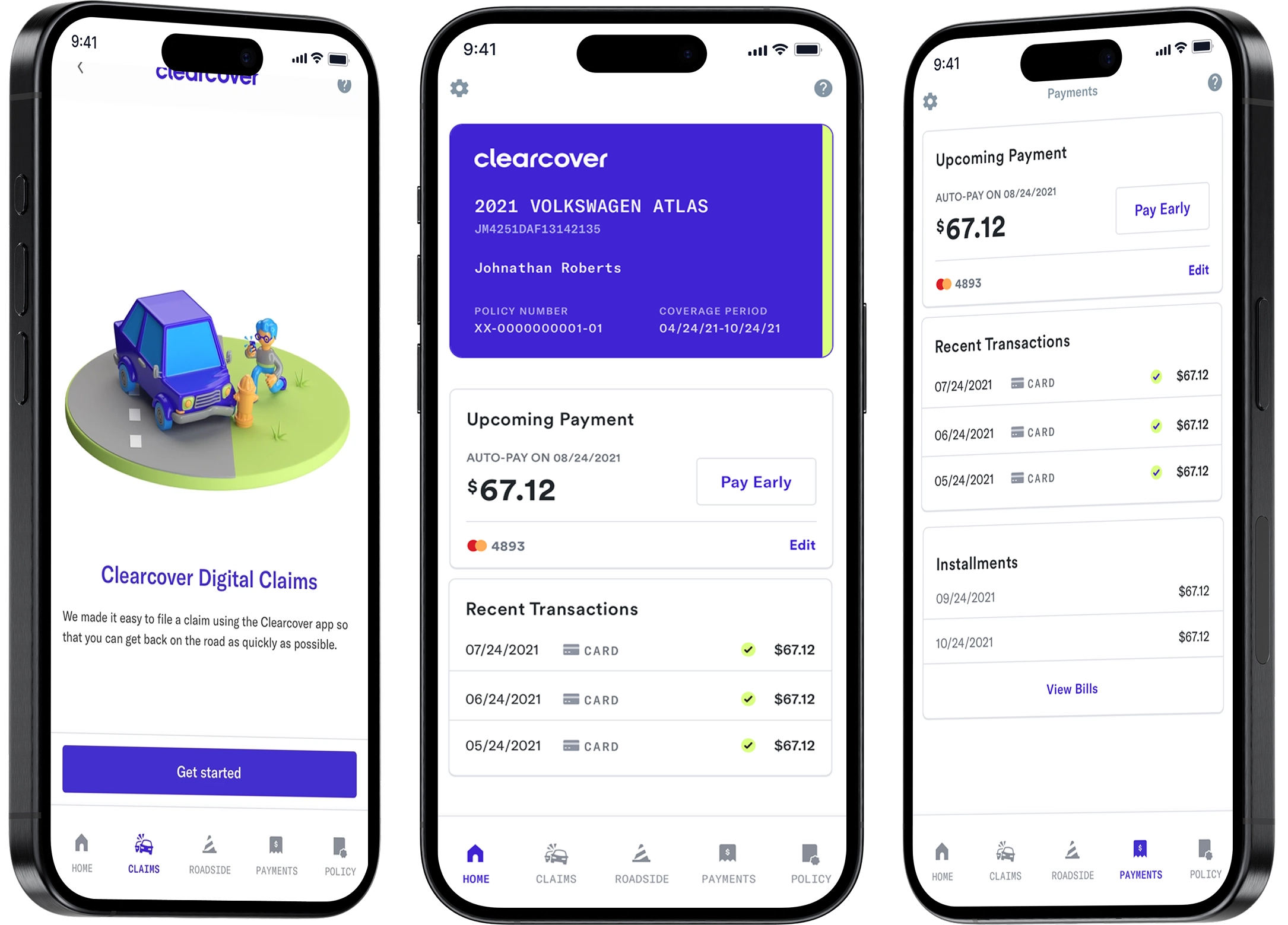 Clearcover app screens showing car insurance policy management.