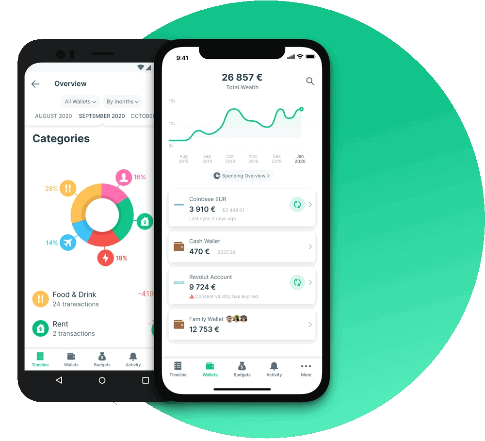 Phones displaying the Spendee budgeting app dashboard.