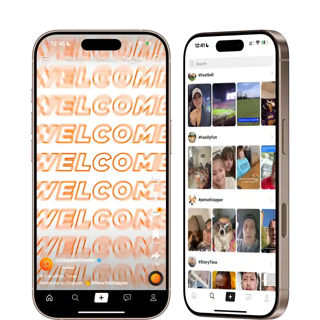 Two smartphones displaying a social media app with video feeds and category tags like #Football and #FamilyFun.